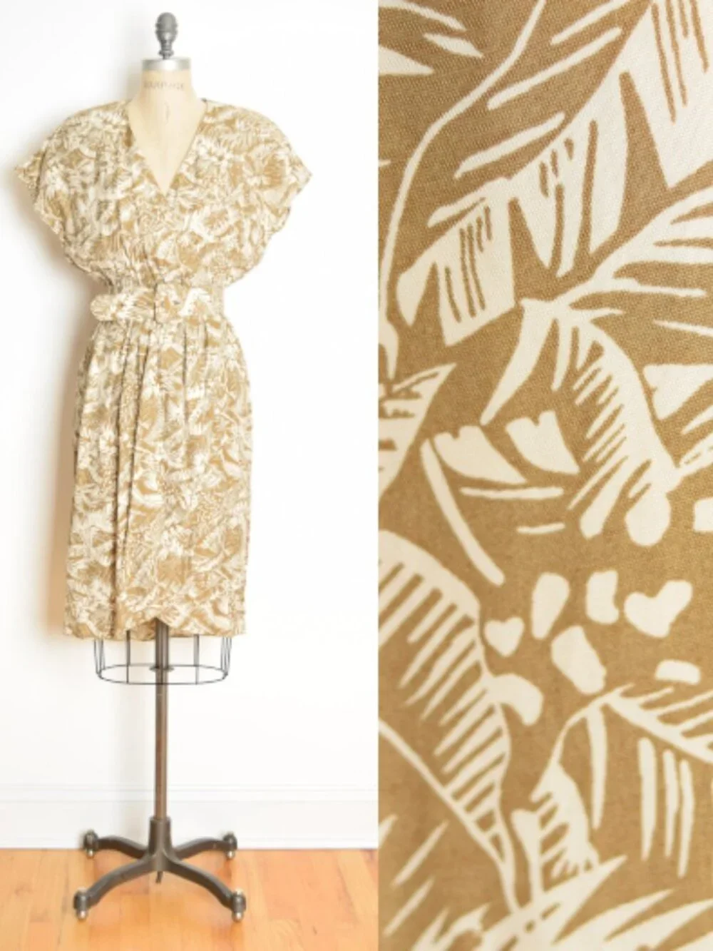 vintage 80s dress GIRAFFE print palm safari faux-wrap khaki belted midi M